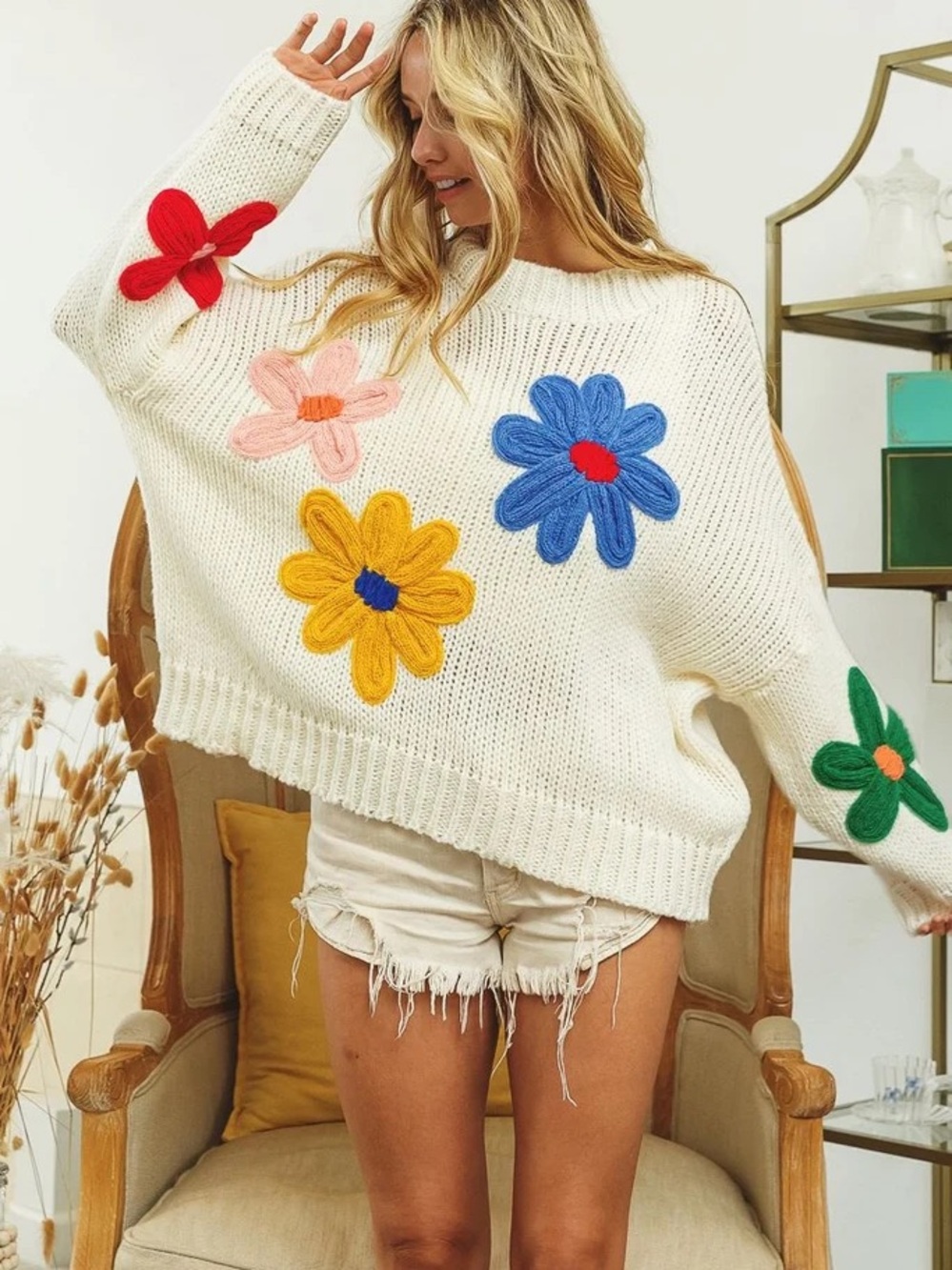 Women's Cream Knit Sweater with Colorful Flower Appliqués
